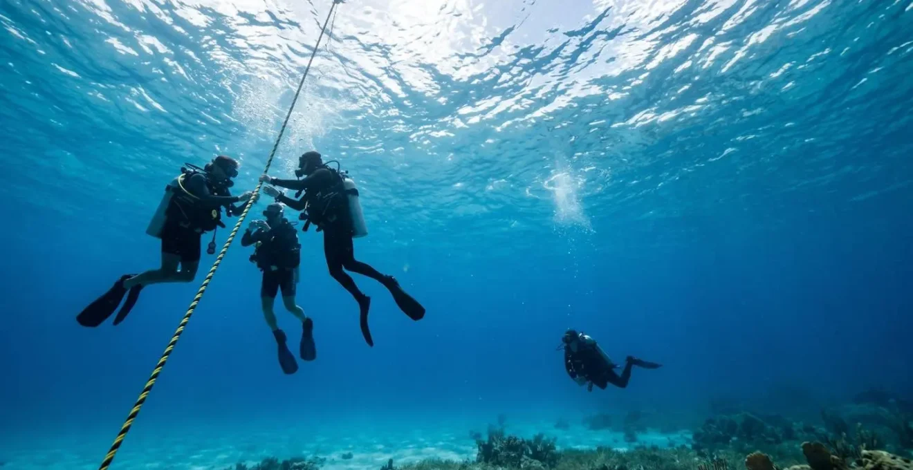 Vue sous-marine en grand angle montrant plusieurs plongeurs effectuant un palier de sécurité à faible profondeur, ligne de mouillage visible, eau claire avec dégradé de bleu et surface lumineuse en haut du cadre