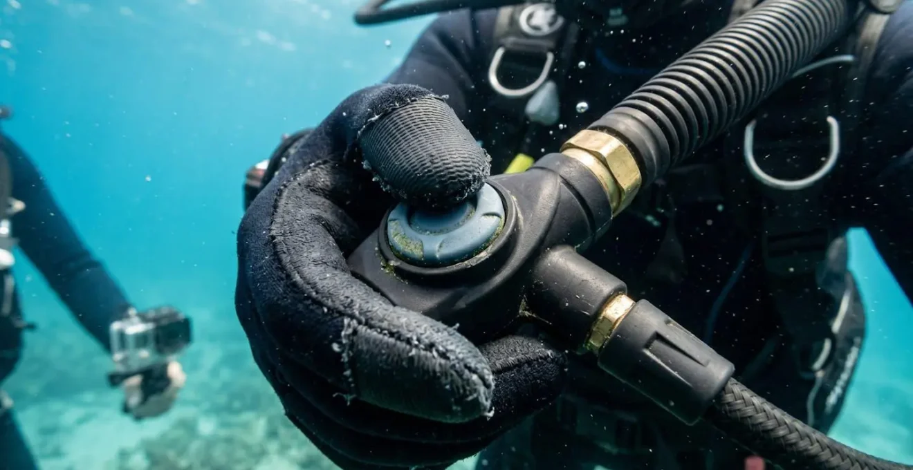 Gros plan sur un inflateur de gilet de stabilisation moderne tenu dans une main gantée, avec les boutons de gonflage et purge visibles, sur fond bleu marin flou